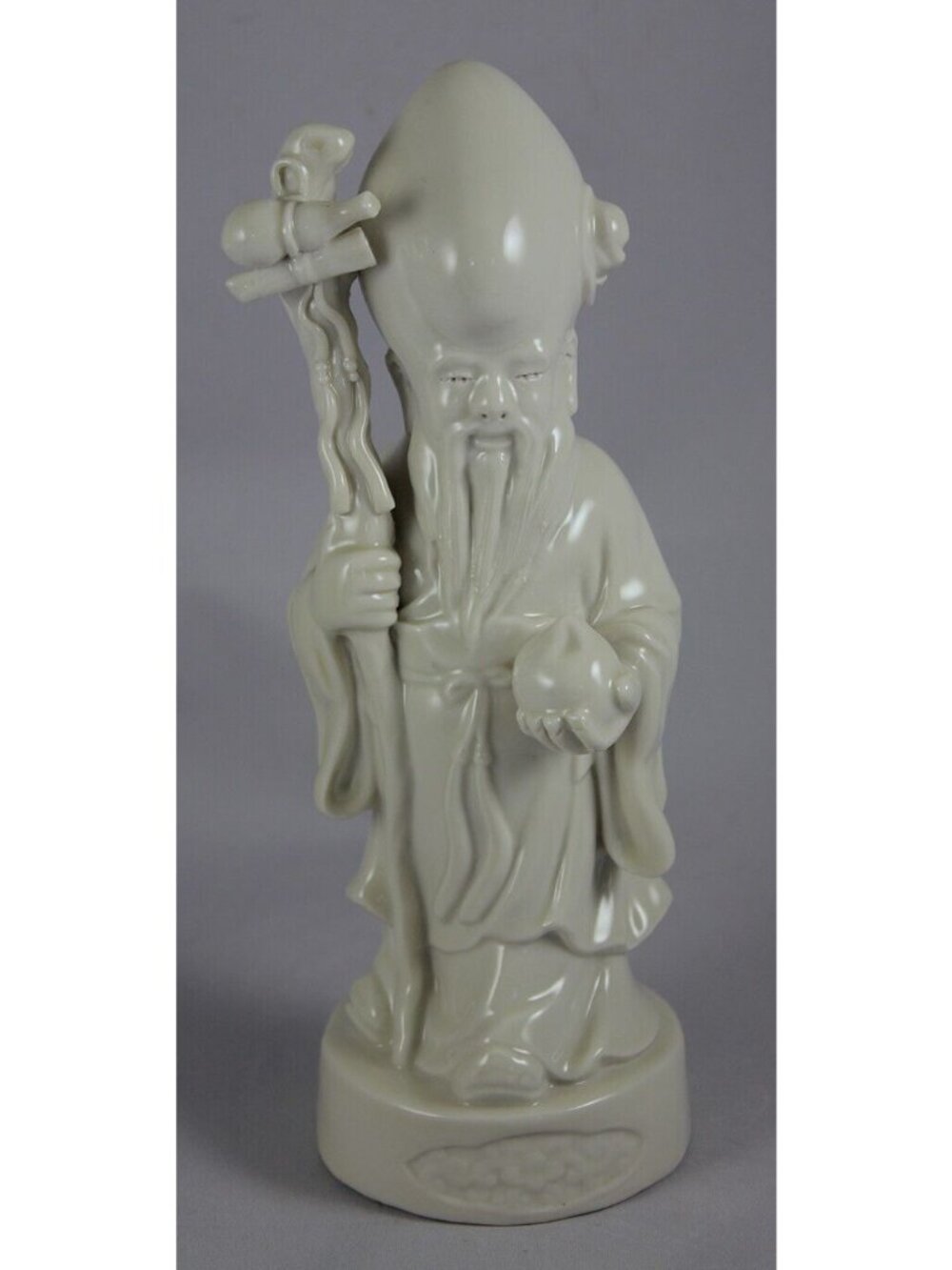 Shou Lao Chinese God of Longevity w/Staff & Peach White Porcelain 9-1/4"